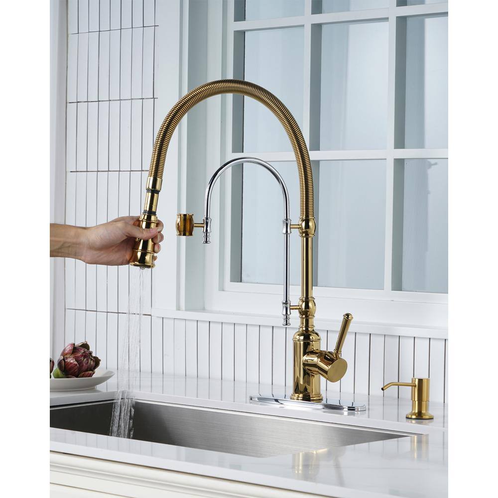 Gold and Chrome High-Arc Kitchen Faucet with Pull-out Spray