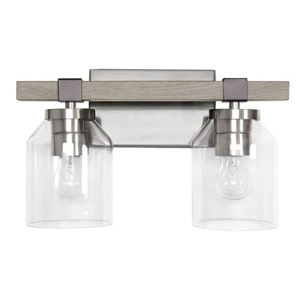 Lalia Home 14 in. Gray Rustic 2-Light Metal and Clear Glass Shade Vanity Wall Fixture with Brushed Nickel and Black Accents