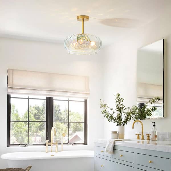 Austin 14 in. 3-Light Modern Gold Ceiling Light Drum Iridescent Water Ripple Glass Semi-Flush Mount Light