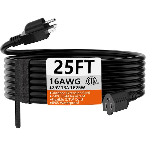 25 Ft. 16 / 3 Gauge Waterproof Extension Cord Indoor/Outdoor with Flexible Cold Weather Electric Cord, ETL Listed, Black