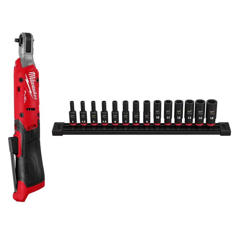 M12 12V Lithium-Ion 1/4 in. Cordless Ratchet with 1/4 in. Drive Metric Deep Well 6 Point Impact Socket Set (14-Piece) price history on PriceWatchPro