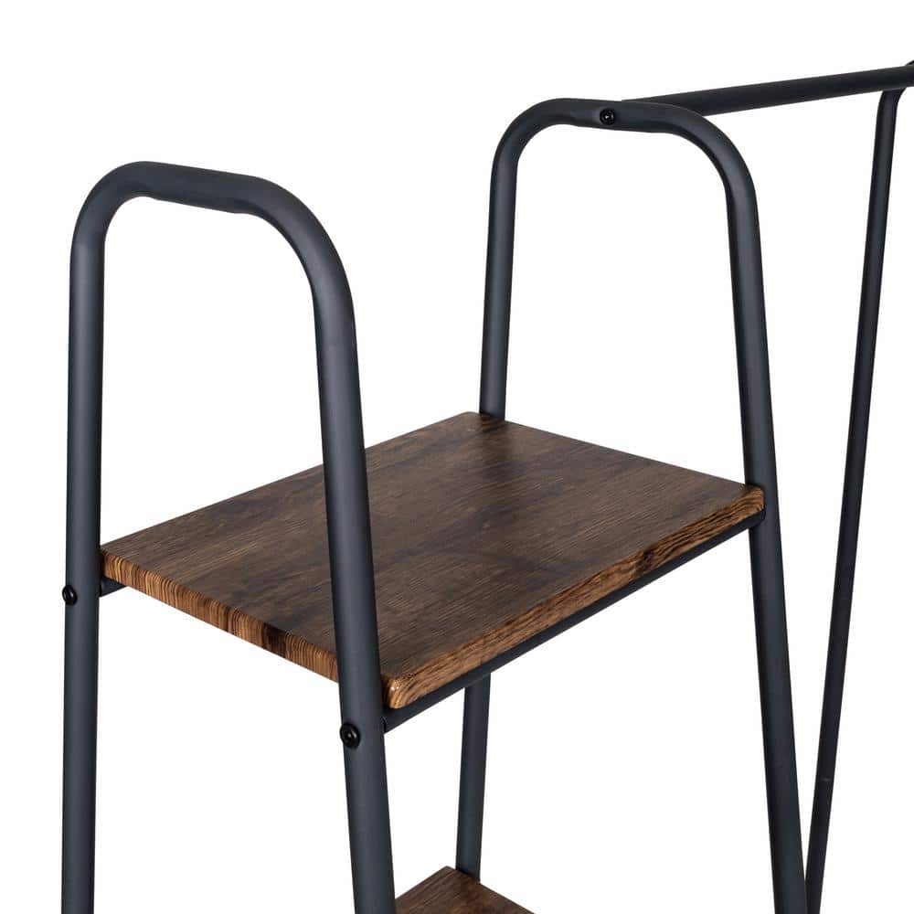Black Industrial Garment Rack with Medium Wood Shelves