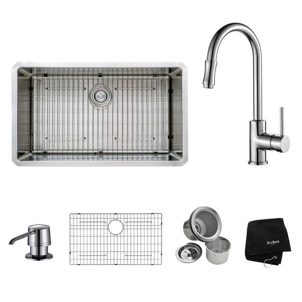 KRAUS All-in-One Undermount Stainless Steel 32 in. Single Bowl Kitchen Sink with Faucet and Accessories in Chrome