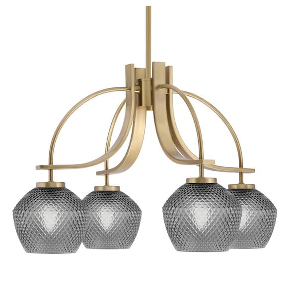 Lighting Theory Olympia 16 in. 4-Light New Age Brass Downlight Chandelier Smoke Textured Glass Shade