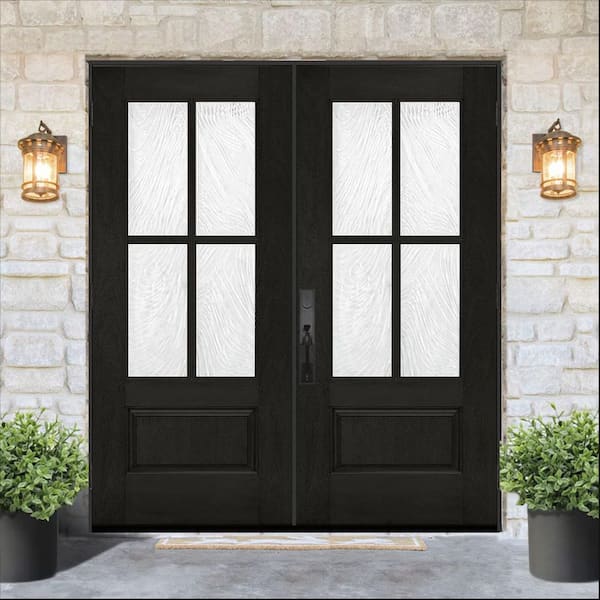 72 in. x 80 in. Regency 3/4-Lite 4SDL Brook Deco Glass RHOS Onyx Fiberglass Double Prehung Front Door 4-9/16 in. Jamb
