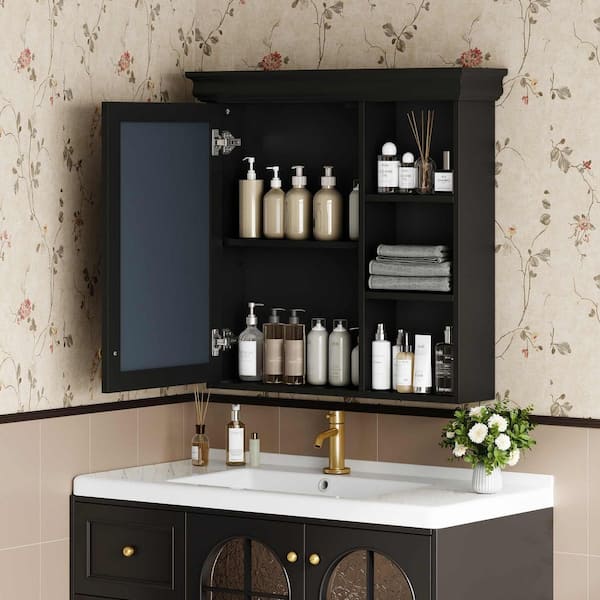 30.07 in. W x 28.74 in. H Rectangular MDF Medicine Cabinet in Black with Mirror and 6-Open Shelves