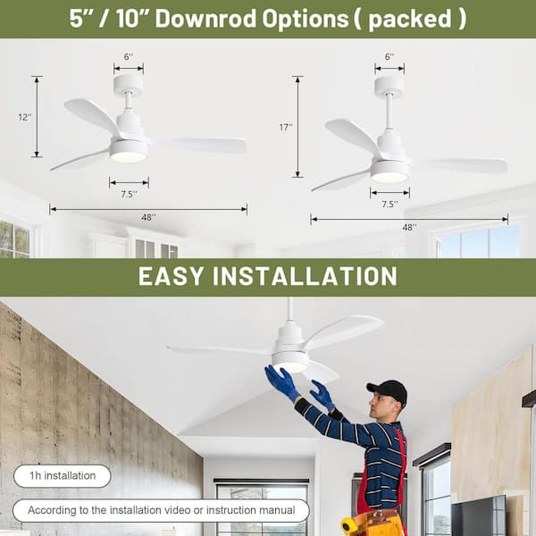 Sofucor 48 in. Indoor/Outdoor Wood White Ceiling Fan with 3 Color