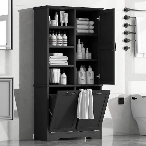 Black 68 in. H Accent Cabinet,Bathroom Storage Cabinet with Doors and Drawers, Tilt-Out Laundry Hamper,Adjustable Shelf