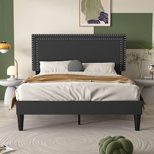 Upholstered Bed Black Metal Frame Queen Platform Bed with Adjustable Headboard, No Box Spring Needed Bed Frame