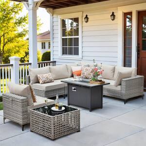 Holston 8-Piece Wicker Modern Outdoor Patio Conversation Sofa Sectional Set with a Metal Fire Pit and Beige Cushions