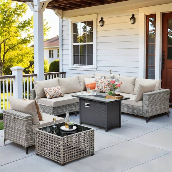 HOOOWOOO Holston 8-Piece Wicker Modern Outdoor Patio Conversation Sofa Sectional Set with a Metal Fire Pit and Beige Cushions
