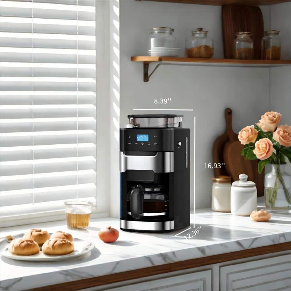 10-Cup Black Stainless Steel Drip Coffee Maker with Built-In Grinder