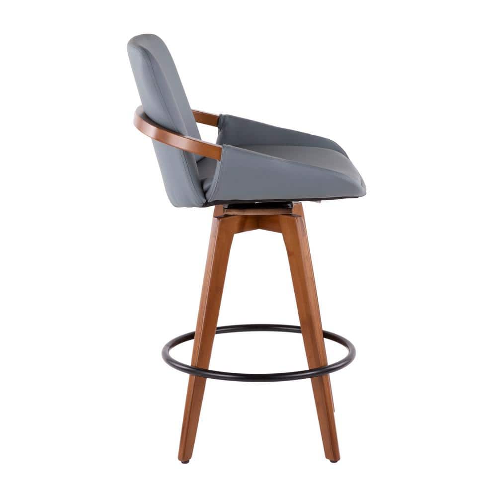 26" Gray Faux Leather and Walnut Wood Swivel Counter Stool