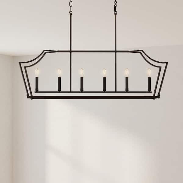 Parkhurst 6-Light Matte Black Linear Chandelier New Traditional 42 in. Chandelier with Clear Glass Shades