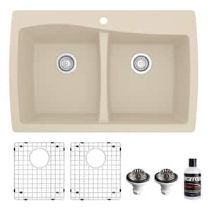 QT-720 Quartz/Granite 34 in. Double Bowl 50/50 Top Mount Drop-In Kitchen Sink in Bisque with Bottom Grid and Strainer