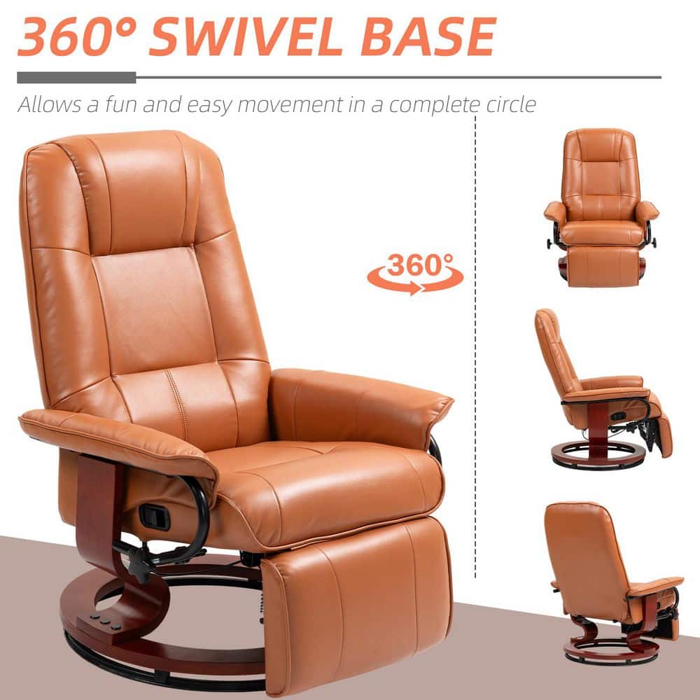 Light Brown Faux Leather Swivel Recliner with Wood Base