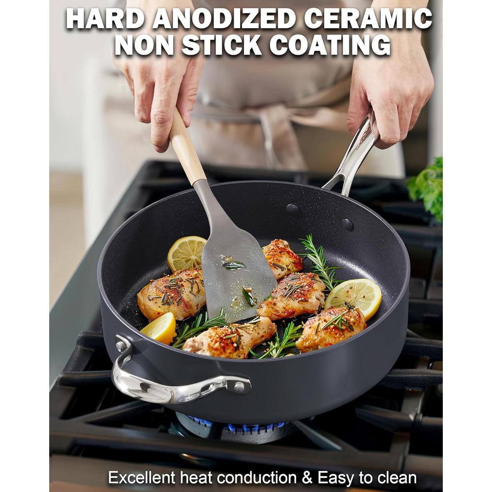 10.5-inch Black Aluminum Nonstick Deep Sauté Pan with Lid