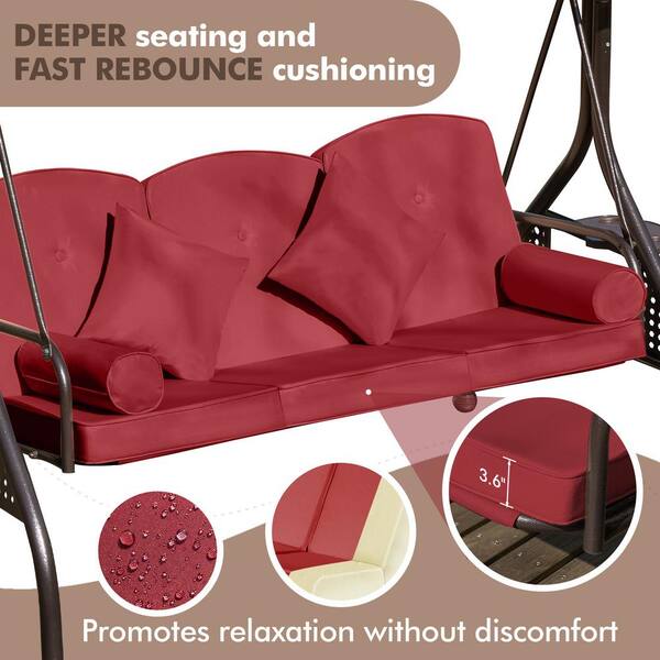 3-Seat Wine Red Metal Patio Swing with Adjustable Hardtop, 3