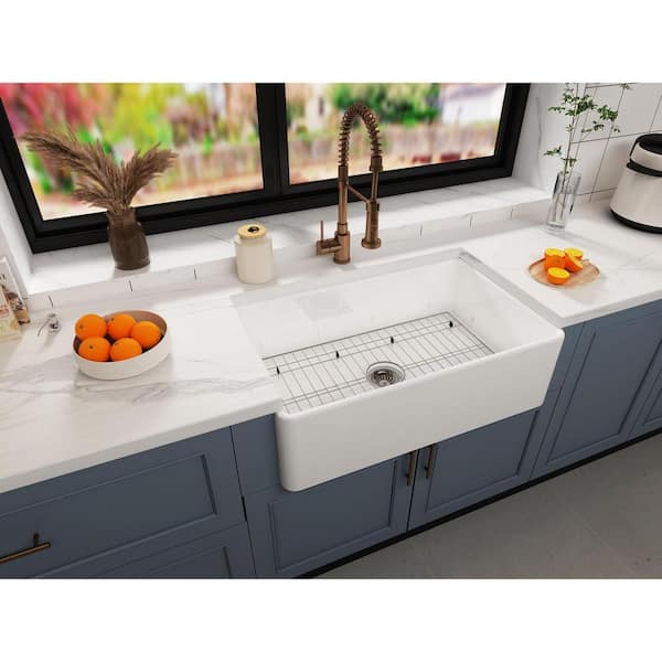 ANTFURN 36.00 in .W Farmhouse Apron-Front Ceramic Single Bowl in White Kitchen sink with Bottom Grids;Strainer