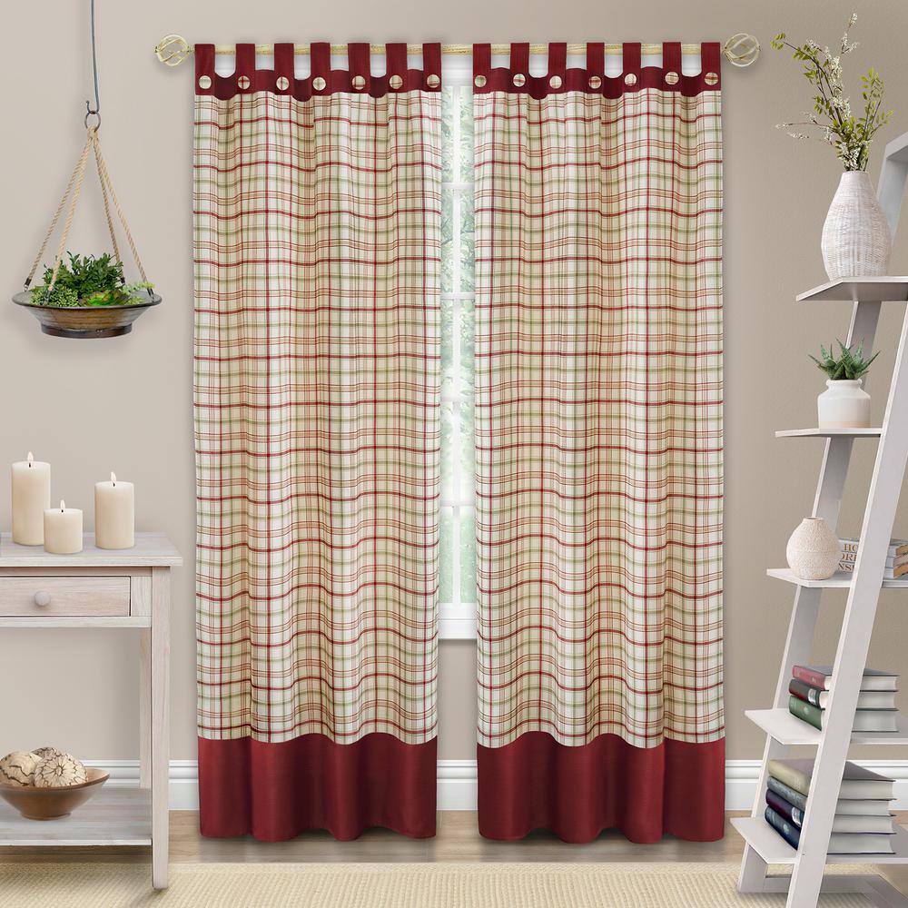 Burgundy Plaid Polyester Tab Top Light-Filtering Drapes