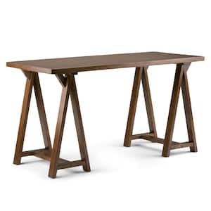 Sawhorse Solid Wood Modern Industrial 56 in. Wide Writing Desk in Medium Saddle Brown