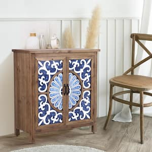 Floral Blue Accent Storage Cabinet with Wood Frame