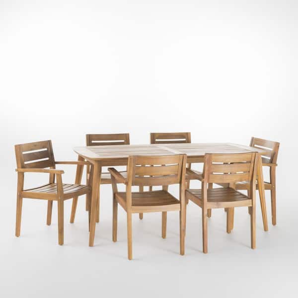 Noble House Darius 7-Piece Teak Acacia Wood Rectangular Outdoor Patio Dining Set