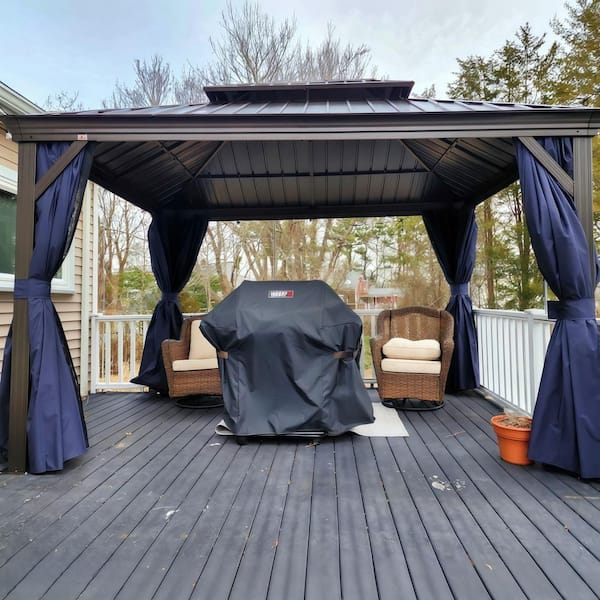 12 ft.x 14 ft.Bronze Aluminum Power-Coated Frame Galvanized Steel Double Roof Hardtop Gazebo,Hooks, Netting,Blue Curtain