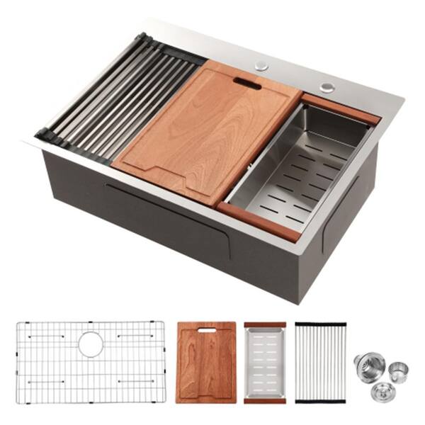 33 in. Drop-in Single Bowl 16 Gauge Brushed Nickel Stainless Steel Kitchen Sink and Drain