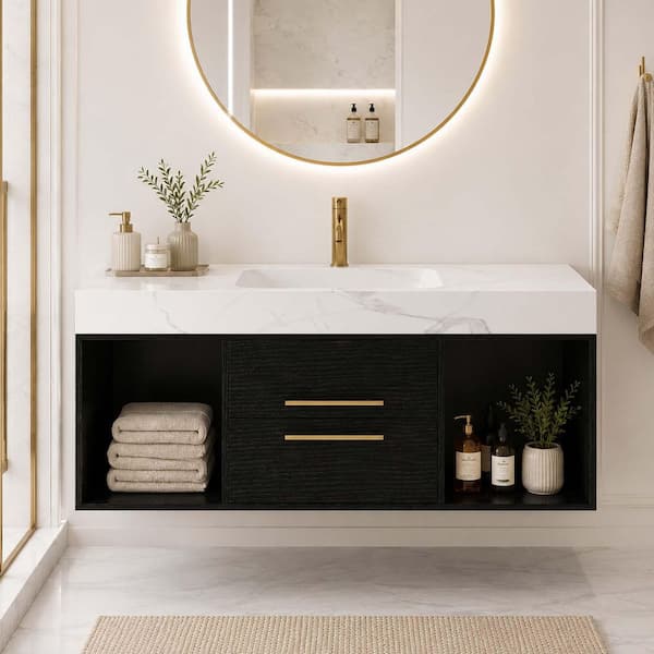 39.4 in. Wall Mounted Single Sink Black Bath Vanity with White Sintered Stone Top (Self Assembly Needed)