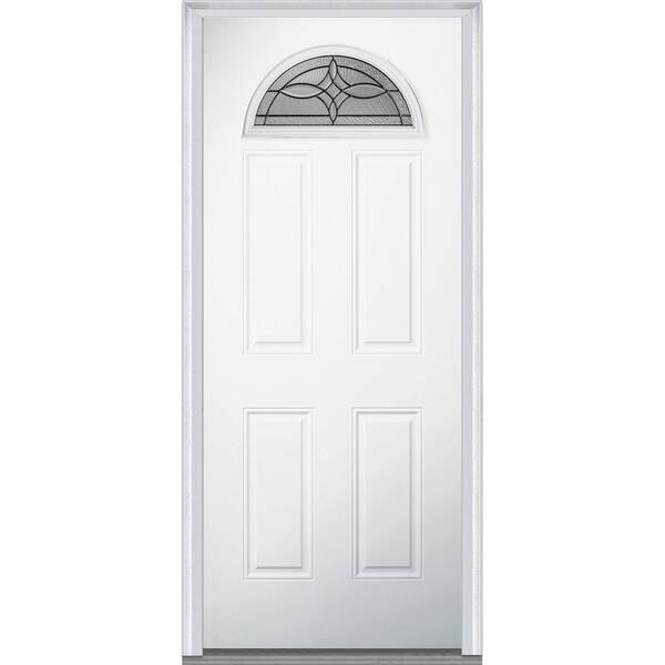 MMI Door 36 in. x 80 in. Lenora Left-Hand Inswing 1/4 Lite Decorative 4-Panel Primed Steel Prehung Front Door