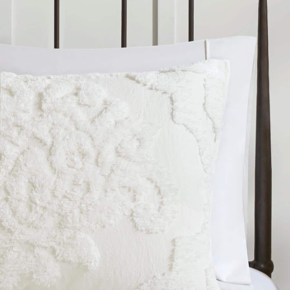 White Tufted Cotton Chenille Damask King Duvet Set