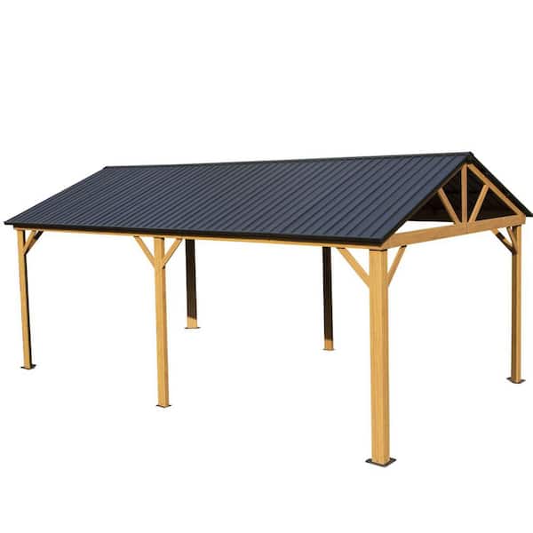 ToolCat 10 ft. x 20 ft. Brown Outdoor Galvanized Steel Gable Roof Gazebo Pergola with Wood Grain Aluminum Frame