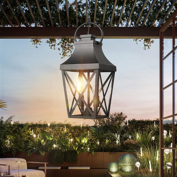 15.9 in. 2-Light Matte Black Outdoor Hanging Light Pendant Light with Clear Glass and Adjustable Chain
