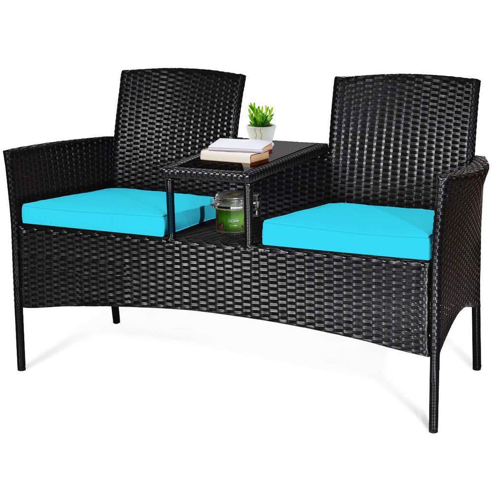 Alpulon Black Wicker Outdoor Loveseat with Turquoise Cushions and