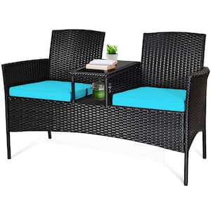 Black Wicker Outdoor Loveseat with Turquoise Cushions and Center Tea Table