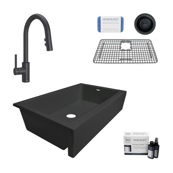 SINKOLOGY Elevate All-in-One Quick-Fit Matte Black Fireclay 33.85 in. Single Bowl Undermount Farmhouse Kitchen Sink and Faucet Kit