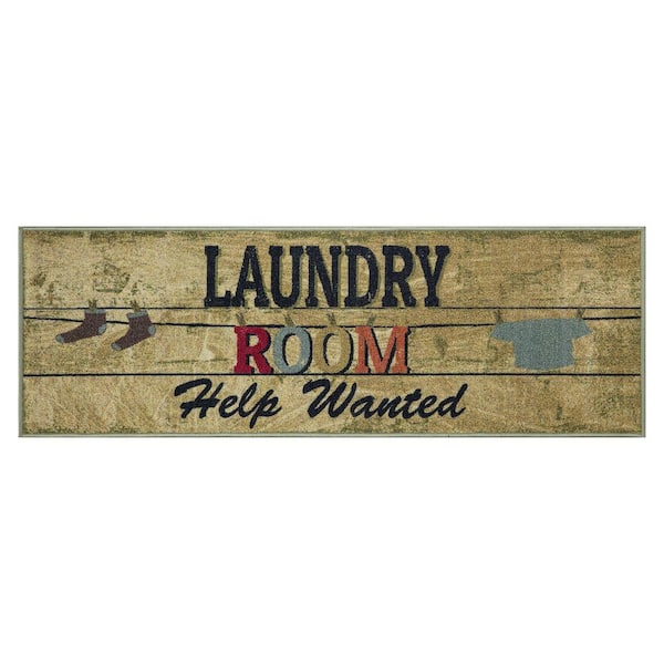 Ottomanson Laundry Collection Non-Slip Rubberback Vintage Laundry Text 2x5 Laundry Room Runner Rug, 20 in. x 59 in.,, Beige