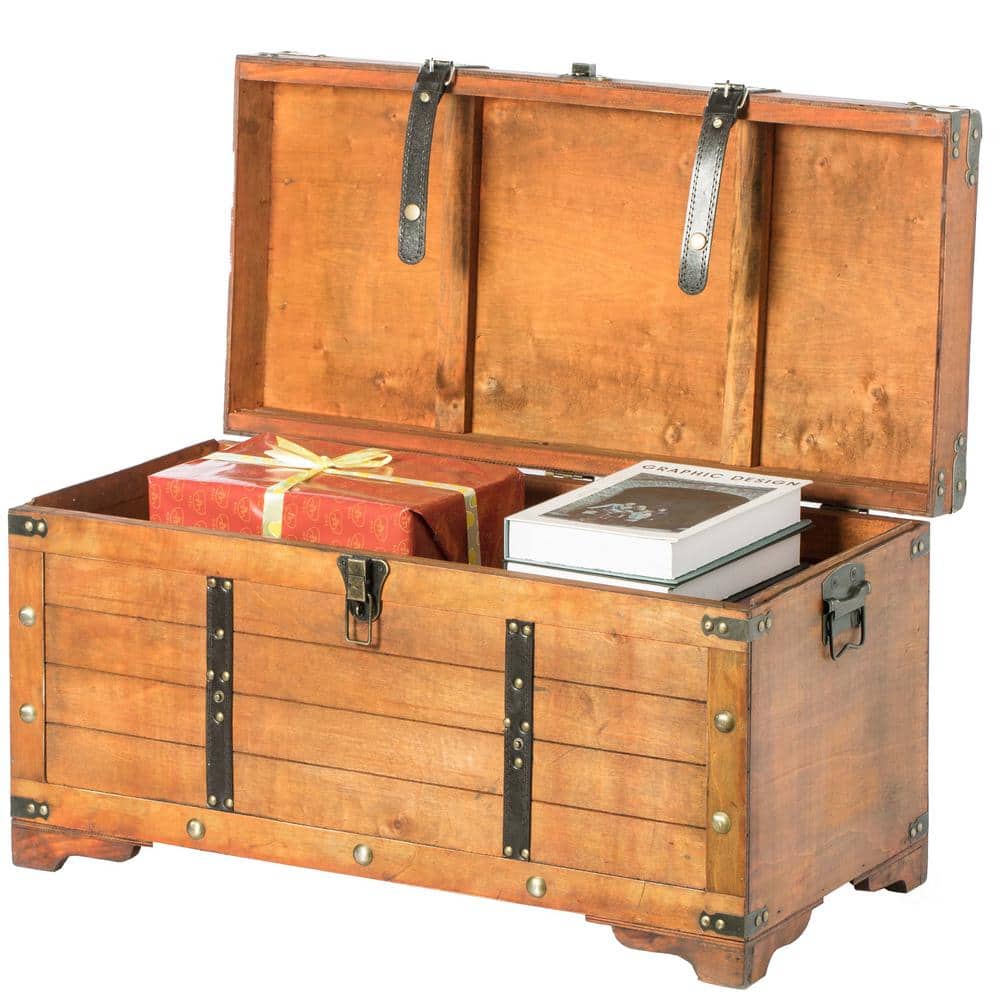 Rustic Brown Large Wooden Storage Trunk with Lockable Latch