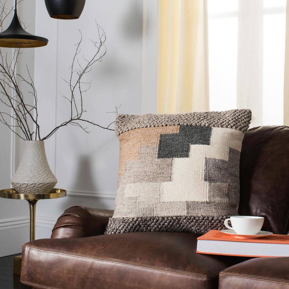 Karlie 20" Beige and Ivory Wool Throw Pillow