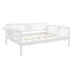White Wood Full Size Daybed Frame, Full Bed Frame with Foldable Table and Wood Slat Support for Bedroom, Living Room