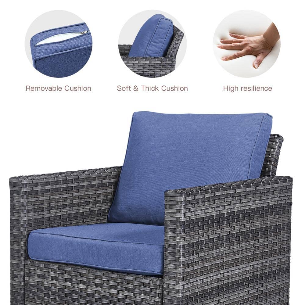 Gray Wicker Outdoor Swivel Rocking Armchairs with Blue Cushions