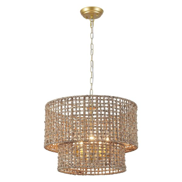 ADSENSTY 5-Light Gold Bohemian Chandelier 2-Tier Rattan Drum Pendant Light for Living Room
