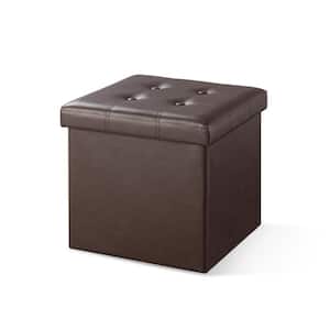 15 in. Brown Button Tufted Faux Leather Collapsible Storage Ottoman, Foam Top Seat