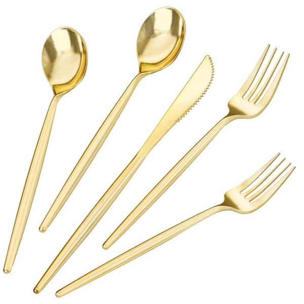 360 Piece Gold Plastic Silverware, Disposable Utensils Set for Weddings, Parties Includes Forks, Spoons, Knives
