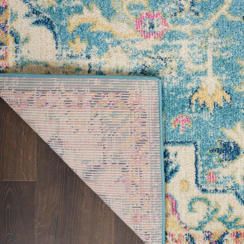 Ivory and Light Blue Floral Synthetic Runner Rug