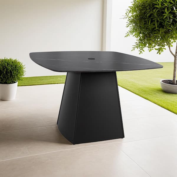 Modern 44 in. Rounded SquareOutdoor Pedestal Dining Table Black Sintered Stone Top Flared Pyramid Aluminum Pedestal Base