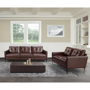 Torrie 89 in. Slope Arm Leather Rectangle Sofa in. Brown with Loveseat