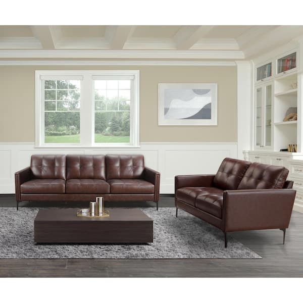 DEVON & CLAIRE Torrie 89 in. Slope Arm Leather Rectangle Sofa in. Brown with Loveseat