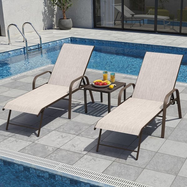 2-Pack Outdoor Aluminum Chaise Lounge Chairs Adjustable Backrest and Armrest in Beige